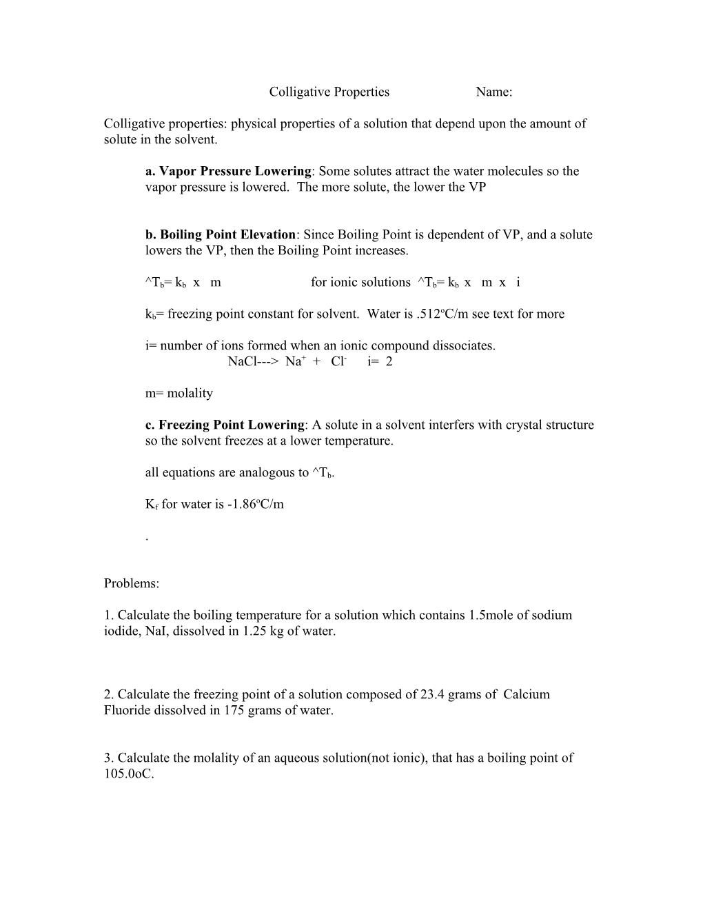 Colligative Properties Name