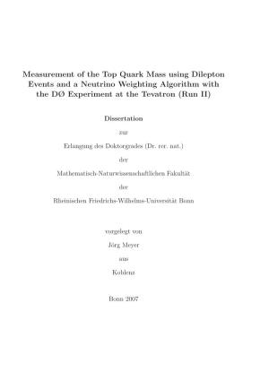 Measurement of the Top Quark Mass Using Dilepton Events and a Neutrino Weighting Algorithm with the DØ Experiment at the Tevatron (Run II)