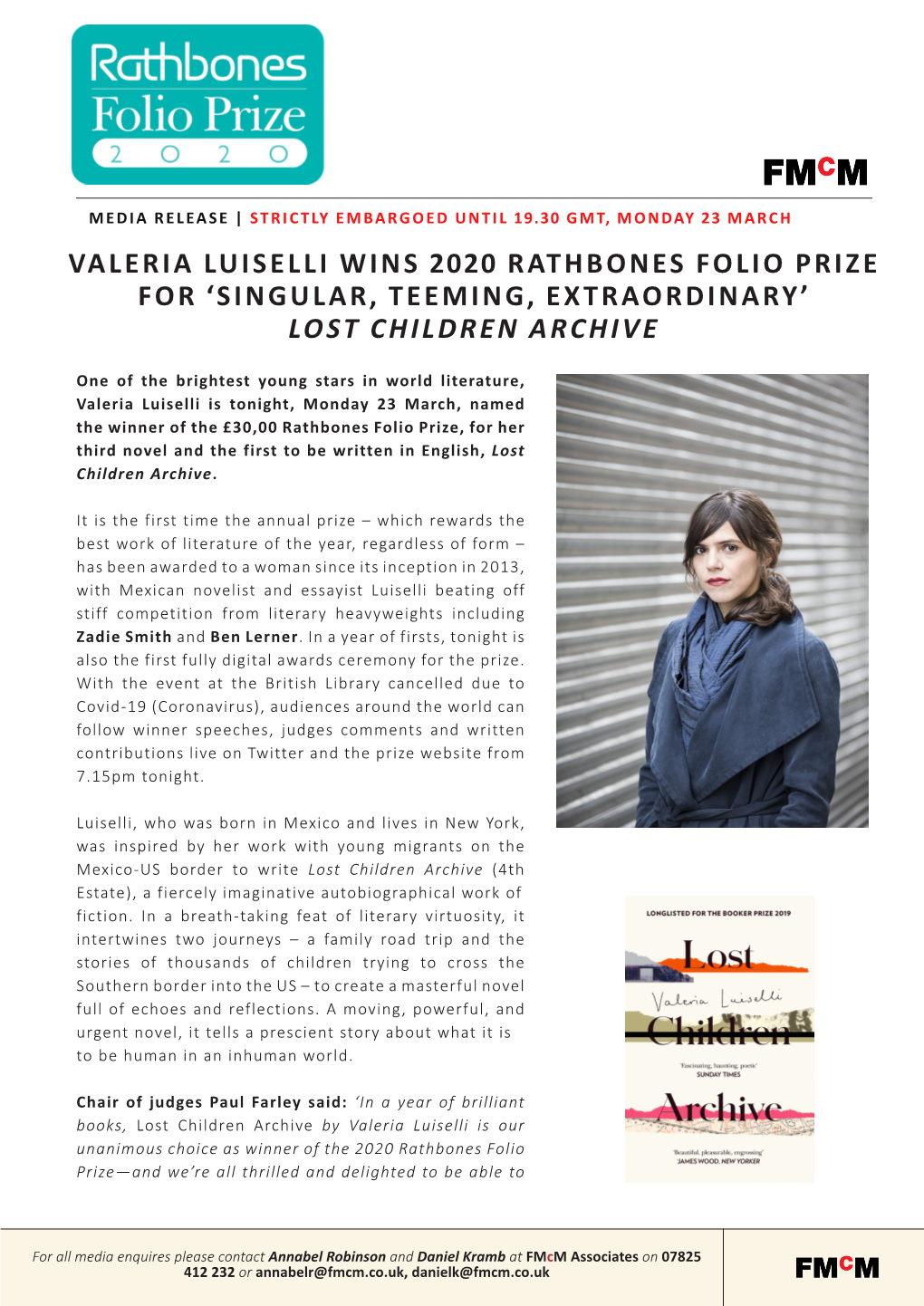 Valeria Luiselli Wins 2020 Rathbones Folio Prize for ‘Singular, Teeming, Extraordinary’ Lost Children Archive