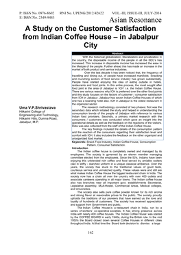 A Study on the Customer Satisfaction from Indian Coffee House – in Jabalpur City