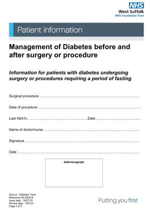 Management of Diabetes Before and After Surgery Or Procedure