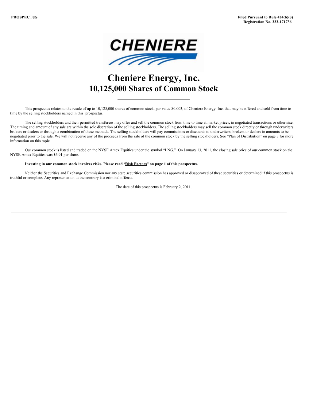 Cheniere Energy, Inc. 10125000 Shares of Common Stock