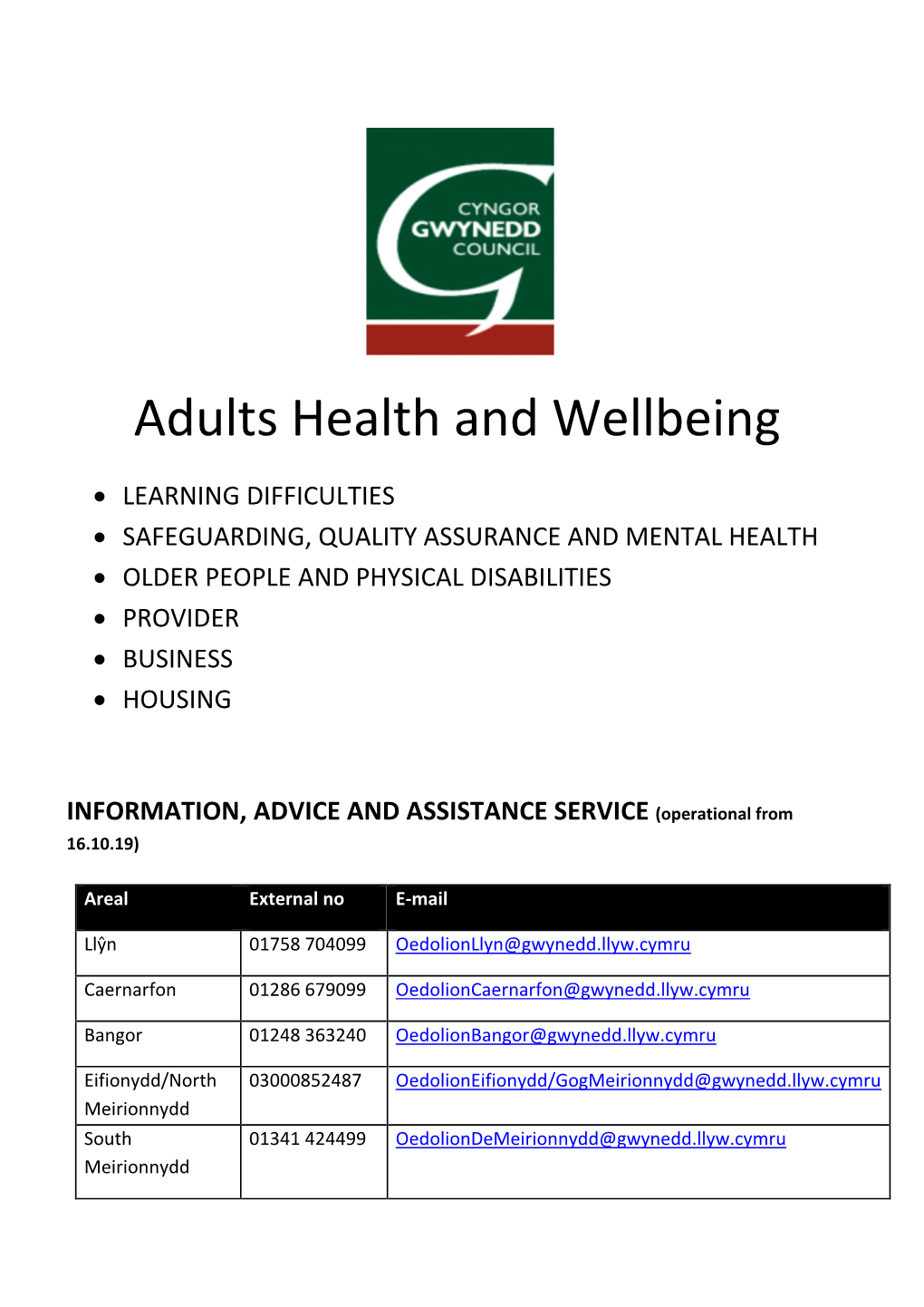 Adults Health and Wellbeing