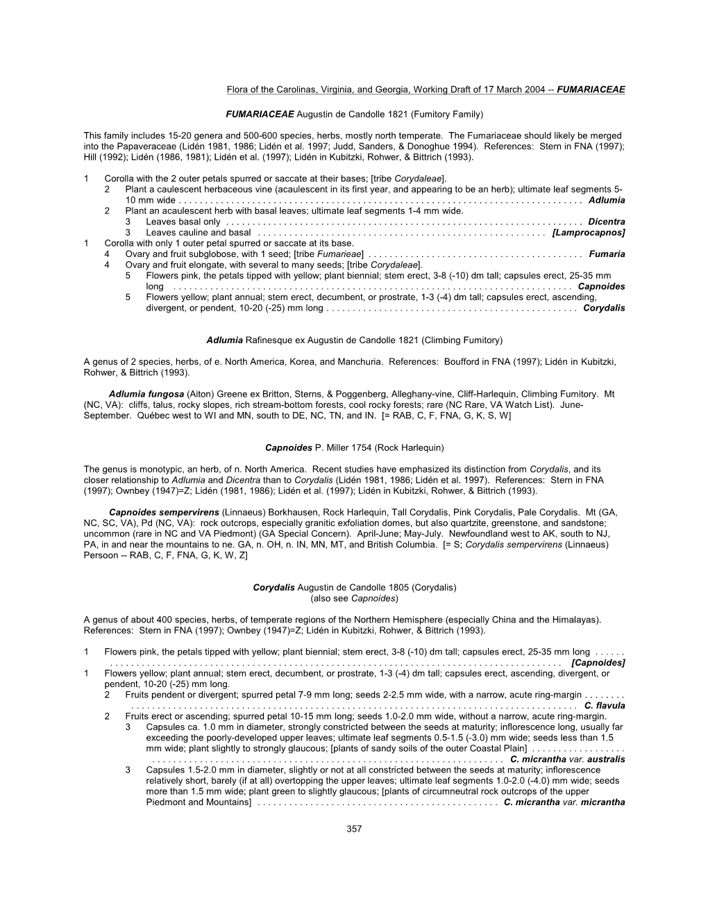 Flora of the Carolinas, Virginia, and Georgia, Working Draft of 17 March 2004 -- FUMARIACEAE