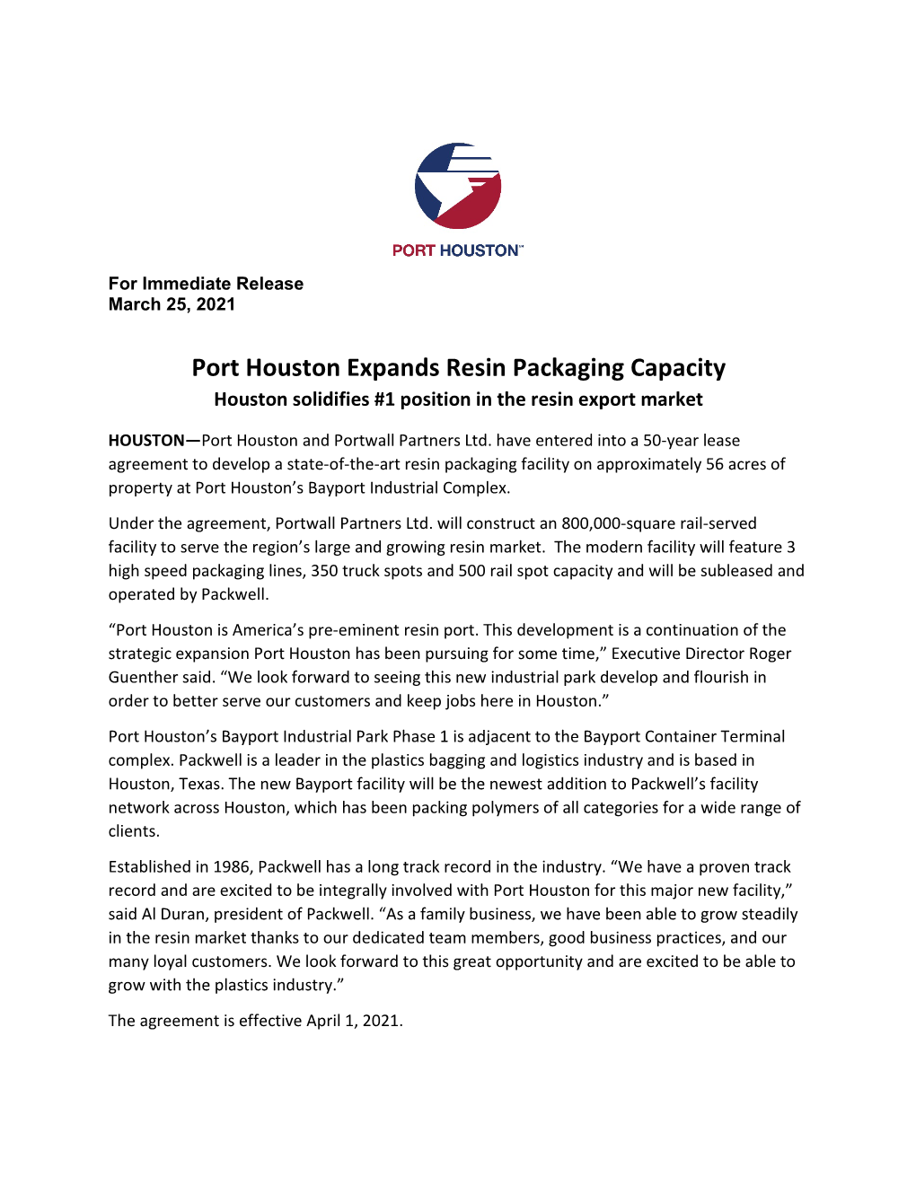 March 25, 2021 – Port Houston Expands Resin Packaging Capacity
