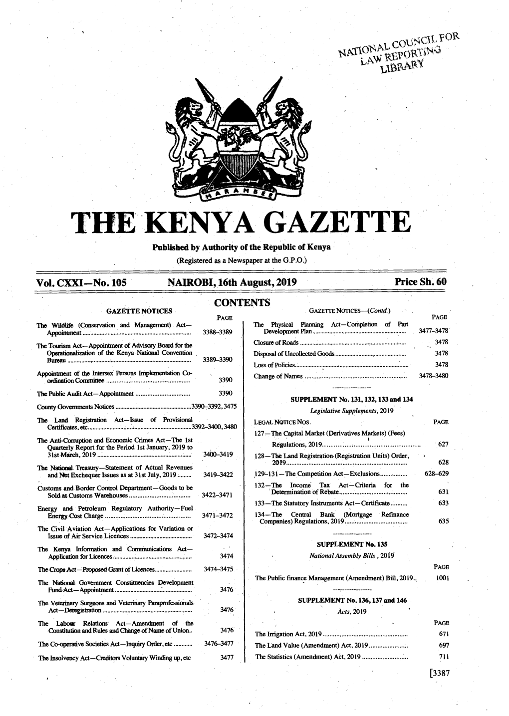 THE KENYA GAZETTE Published by Authority of the Republic of Kenya (Registered As a Newspaper at the G.P.O.)