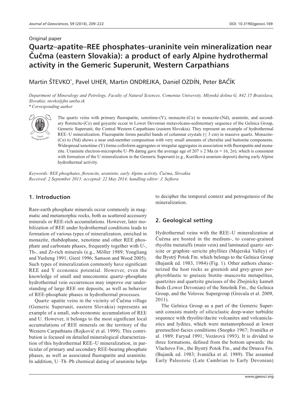 Quartz–Apatite–REE Phosphates–Uraninite Vein Mineralization Near