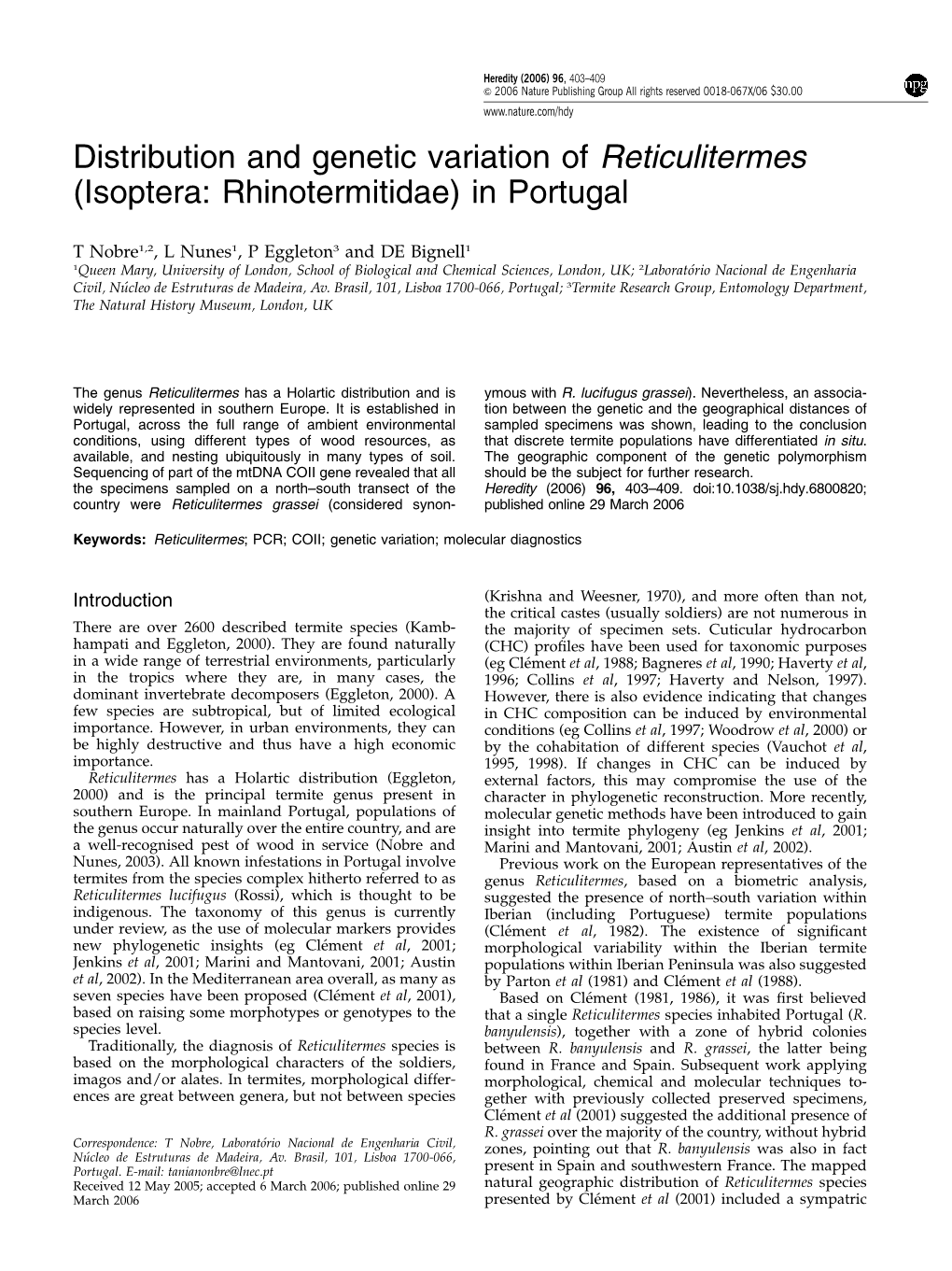 Distribution and Genetic Variation of Reticulitermes (Isoptera: Rhinotermitidae) in Portugal