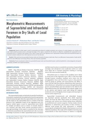 Morphometric Measurements of Supraorbital and Infraorbital Foramen in Dry Skulls of Local Popula- Tion
