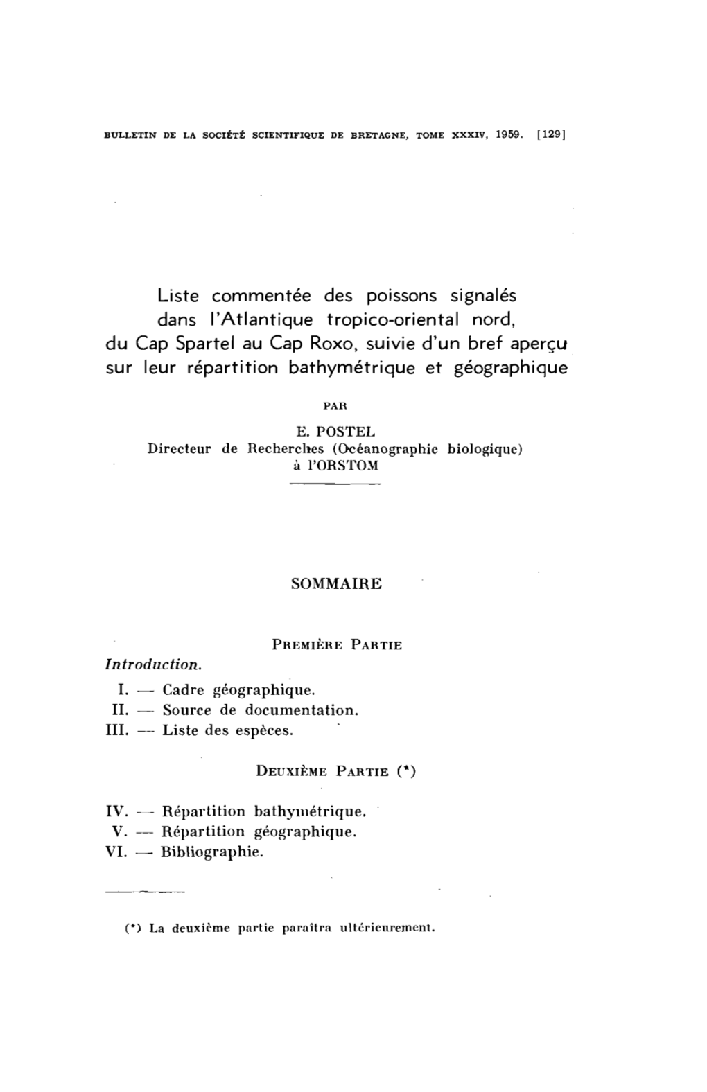 Liste Commentée Des Poissons Signalés Dans L'atlantique Tropico-Oriental Nord, Du Cap Spartel Au Cap Roxo, Suivie D'un