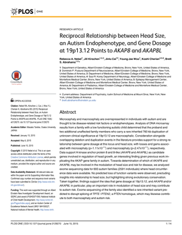 Reciprocal Relationship Between Head Size, an Autism Endophenotype, and Gene Dosage at 19P13.12 Points to AKAP8 and AKAP8L