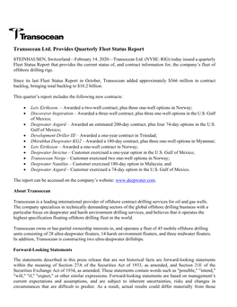Transocean Ltd. Provides Quarterly Fleet Status Report