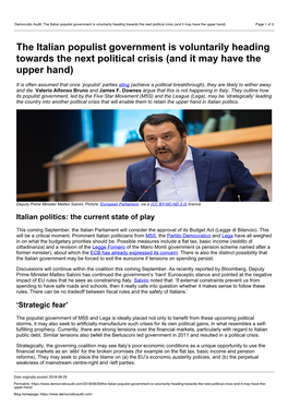 Democratic Audit: the Italian Populist Government Is Voluntarily Heading Towards the Next Political Crisis (And It May Have the Upper Hand) Page 1 of 3