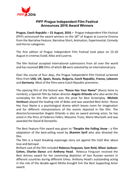 PIFF Prague Independent Film Festival Announces 2016 Award Winners