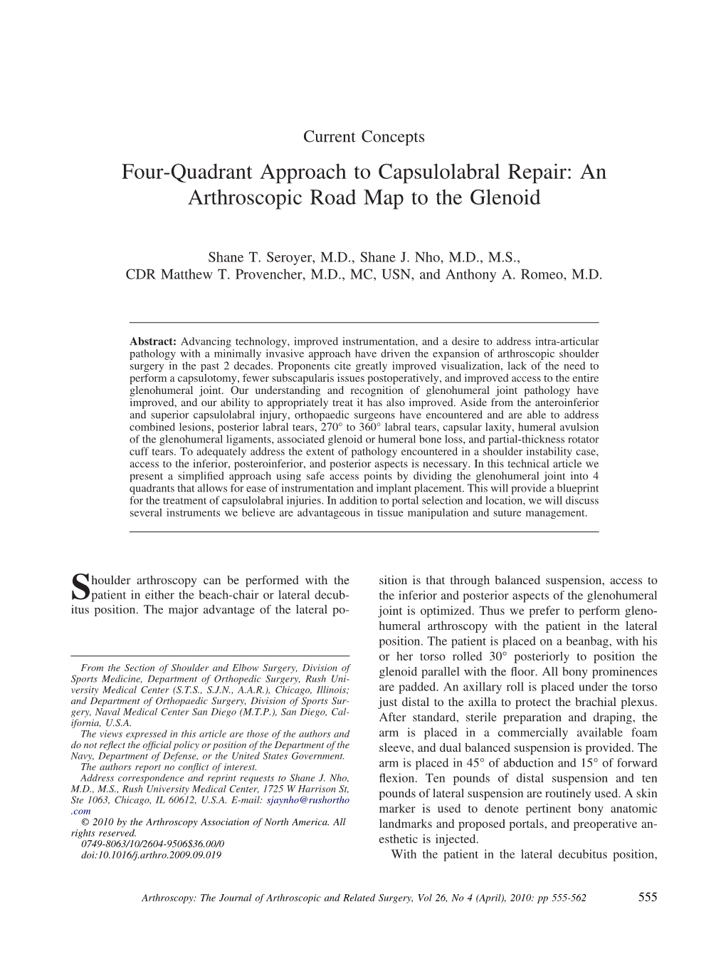 Four-Quadrant Approach to Capsulolabral Repair: an Arthroscopic Road Map to the Glenoid