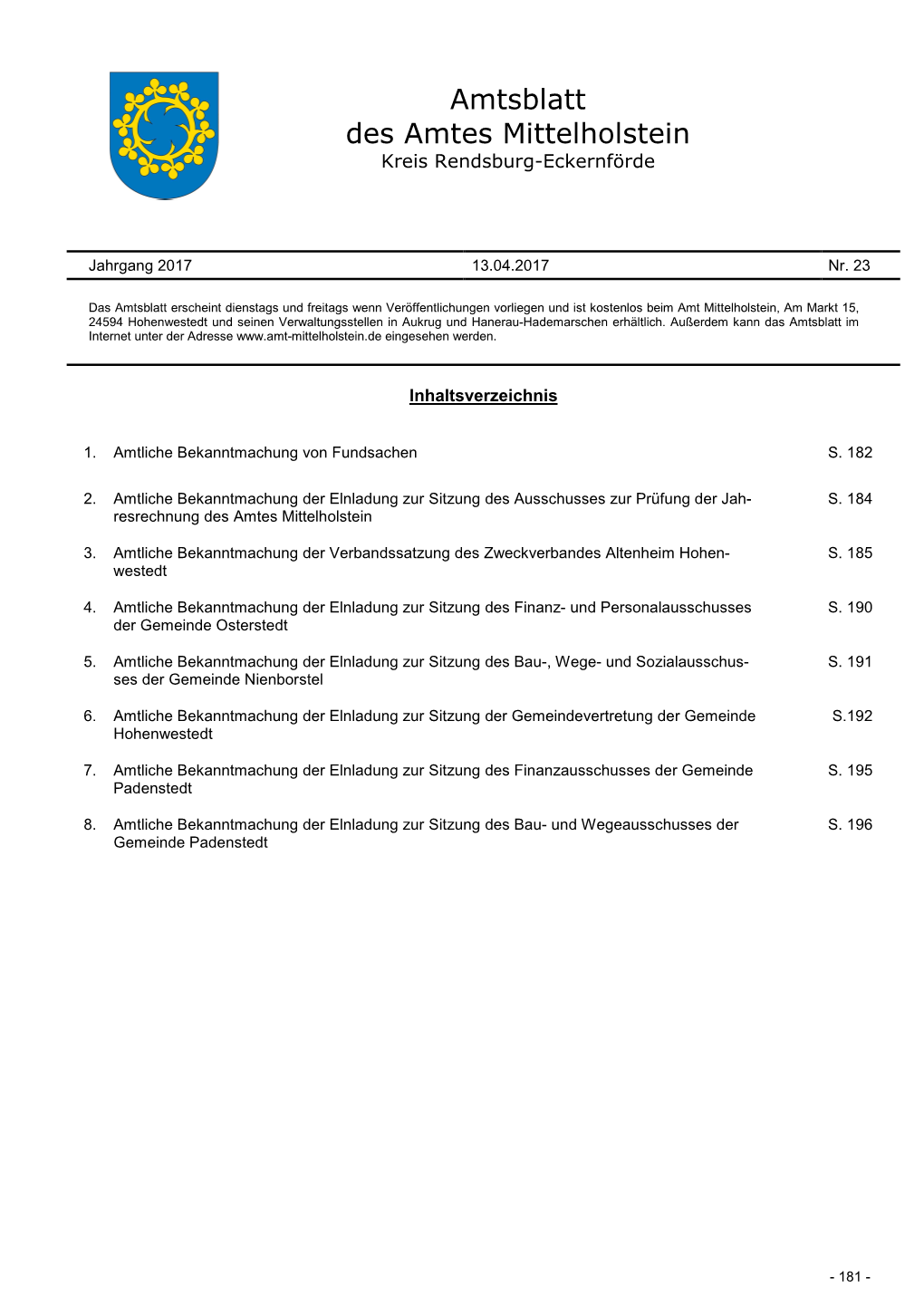 Amtsblatt Des Amtes Mittelholstein Nr. 23 Vom