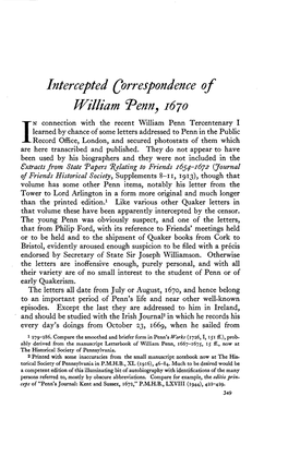 Intercepted Correspondence of William Penn, 1670