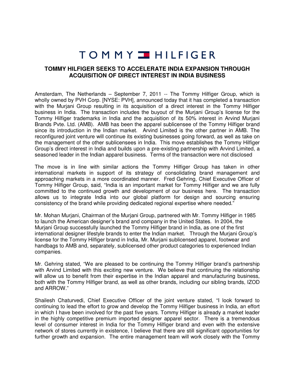 Tommy Hilfiger Seeks to Accelerate India Expansion Through Acquisition of Direct Interest in India Business