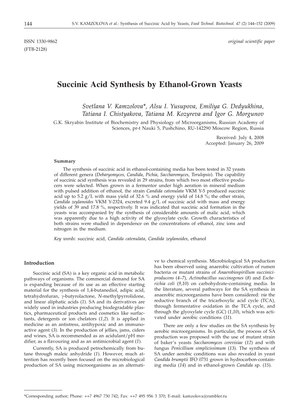 Succinic Acid Synthesis by Ethanol-Grown Yeasts