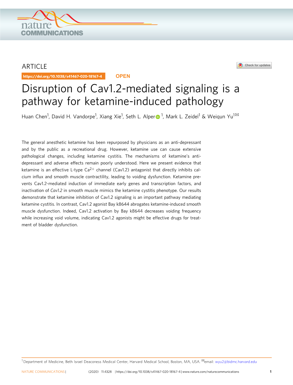 Disruption of Cav1.2-Mediated Signaling Is a Pathway for Ketamine-Induced Pathology ✉ Huan Chen1, David H