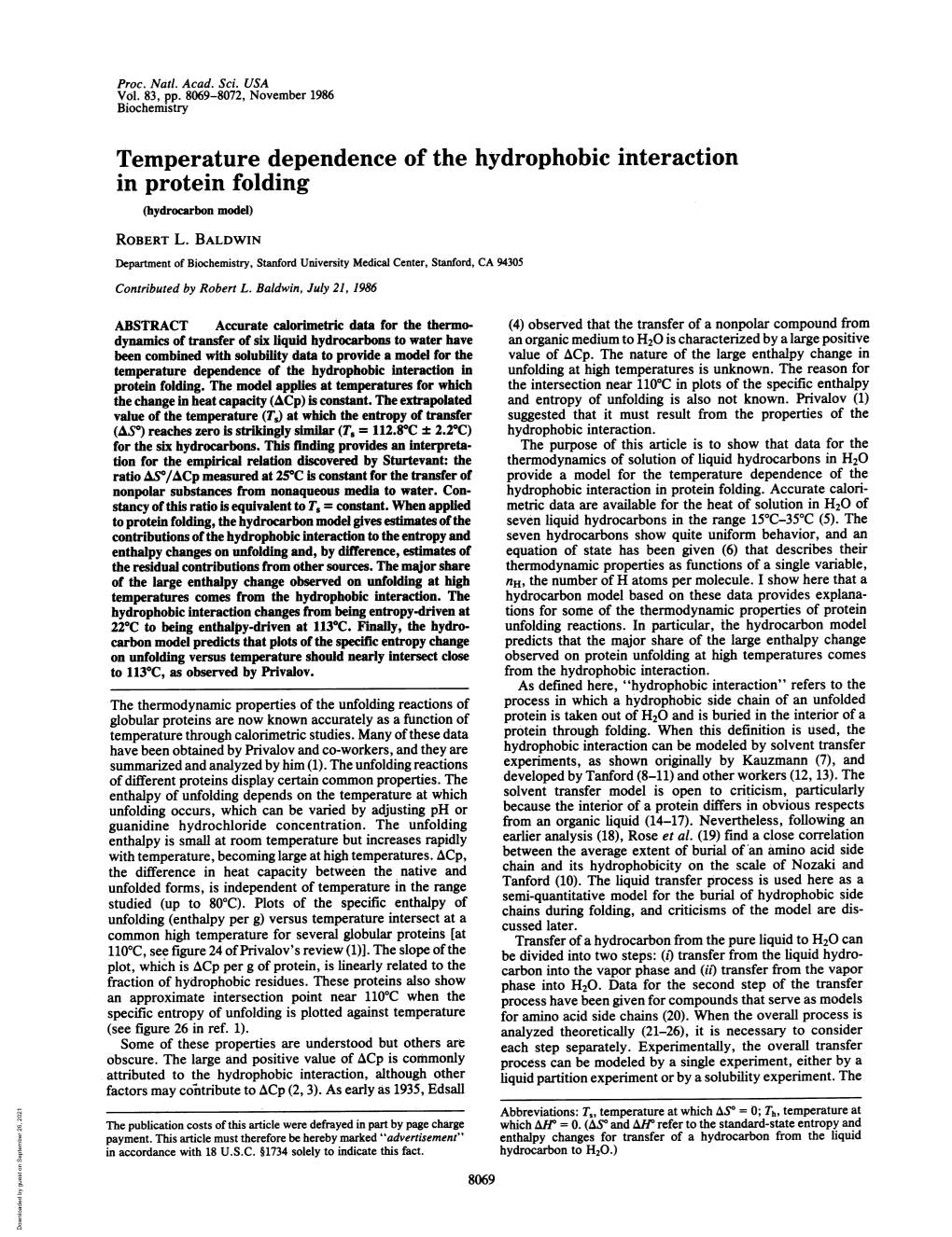 Temperature Dependence of the Hydrophobic Interaction in Protein Folding (Hydrocarbon Model) ROBERT L