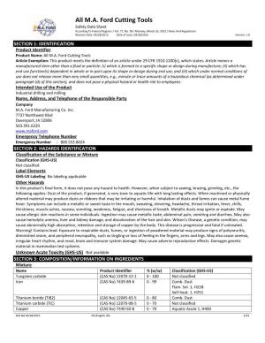 All M.A. Ford Cutting Tools Safety Data Sheet According to Federal Register / Vol