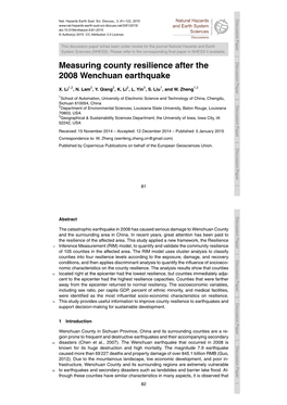 Measuring County Resilience After the 2008 Wenchuan Earthquake X