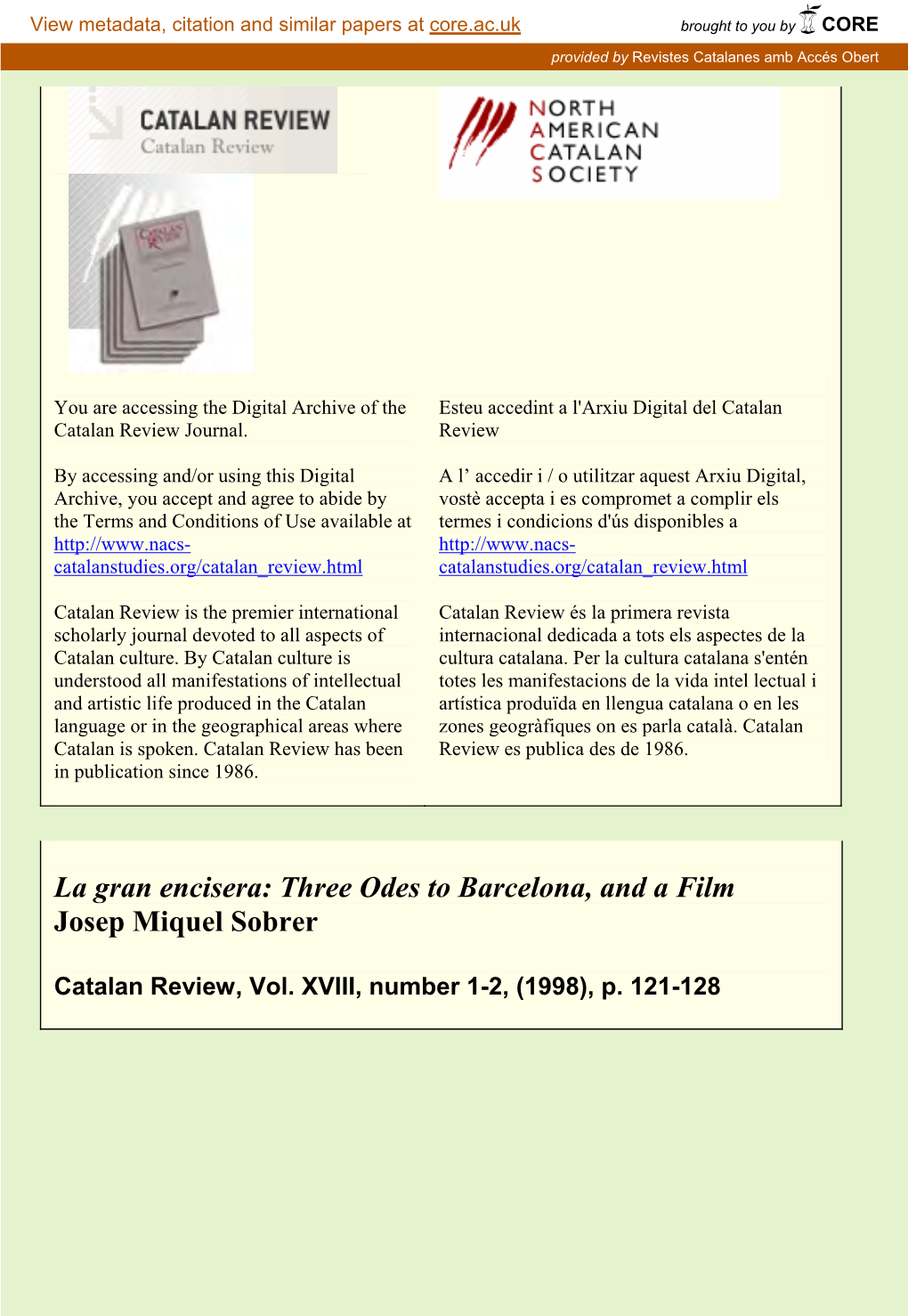 Three Odes to Barcelona, and a Film Josep Miquel Sobrer