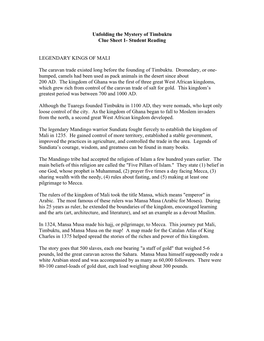 Unfolding the Mystery of Timbuktu Clue Sheet 1- Student Reading LEGENDARY KINGS of MALI the Caravan Trade Existed Long Before Th