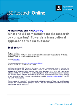 What Should Comparative Media Research Be Comparing? Towards a Transcultural Approach to 'Media Cultures'