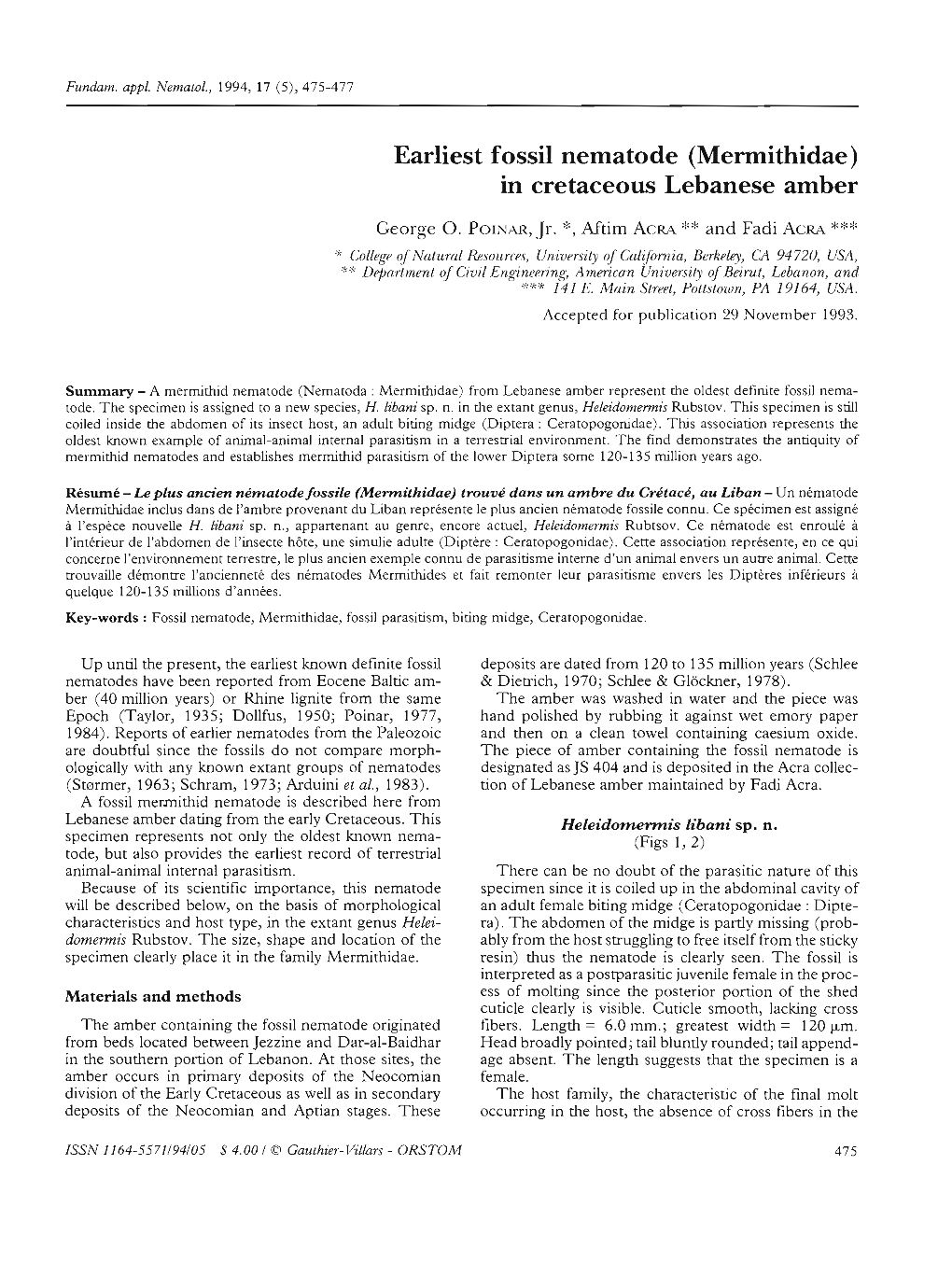 Earliest Fossil Nematode (Mermithidae) in Cretaceous Lebanese Amber