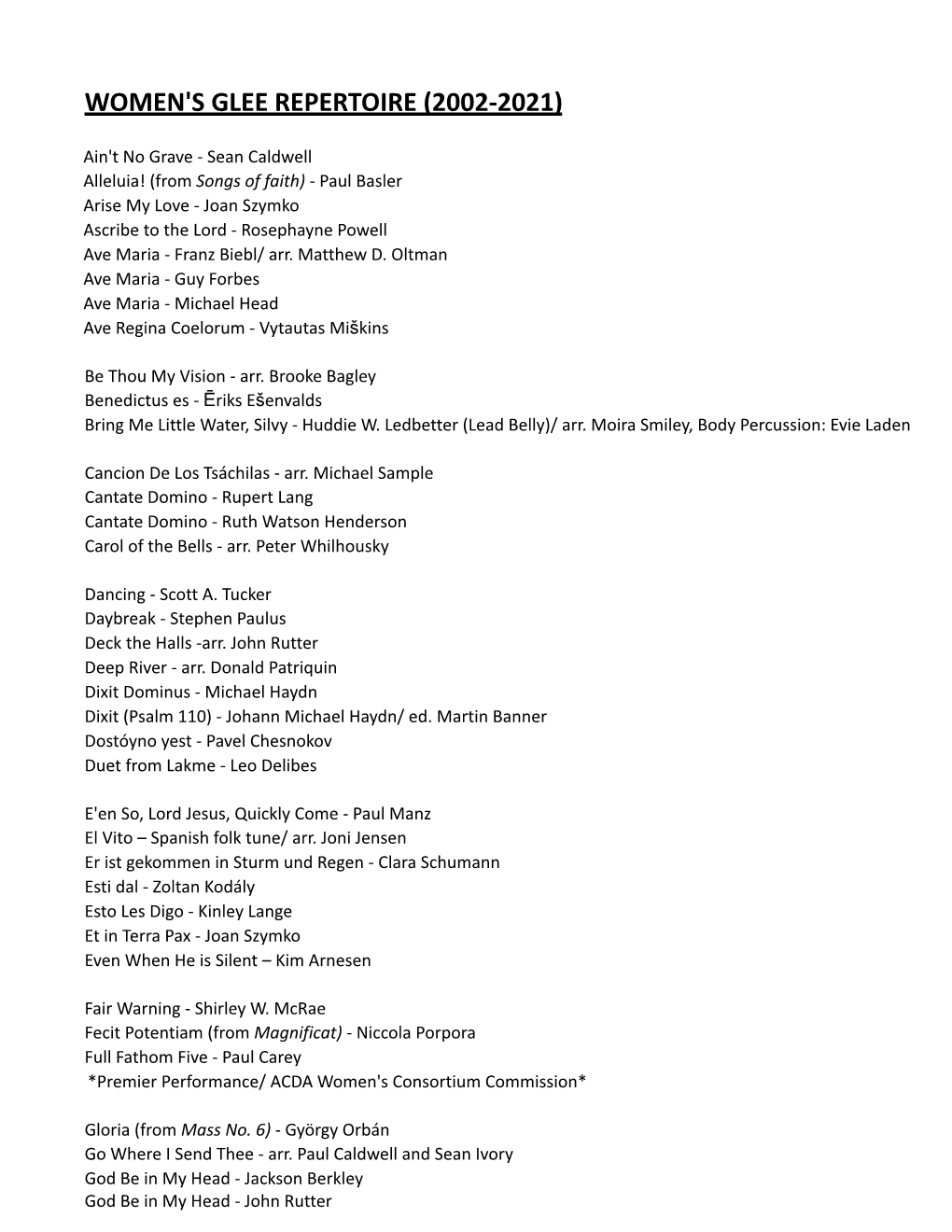 Women's Glee Repertoire (2002-2021)