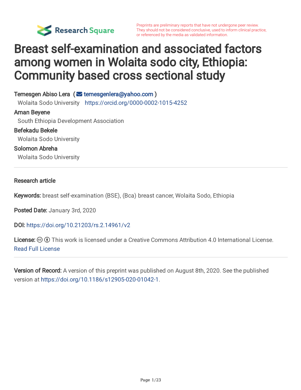 Breast Self-Examination and Associated Factors Among Women in Wolaita Sodo City, Ethiopia: Community Based Cross Sectional Study