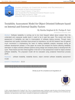 Testability Assessment Model for Object Oriented Software Based on Internal and External Quality Factors by Harsha Singhani & Dr