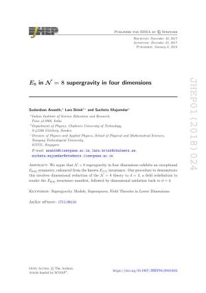 E 8 in N= 8$$\Mathcal {N}= 8$$ Supergravity in Four Dimensions