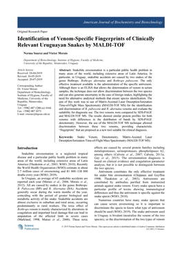 Identification of Venom-Specific Fingerprints of Clinically Relevant Uruguayan Snakes by MALDI-TOF