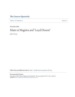 Mater Et Magistra and "Loyal Dissent" John E