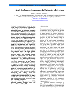 Analysis of Magnetic Resonance in Metamaterial Structure