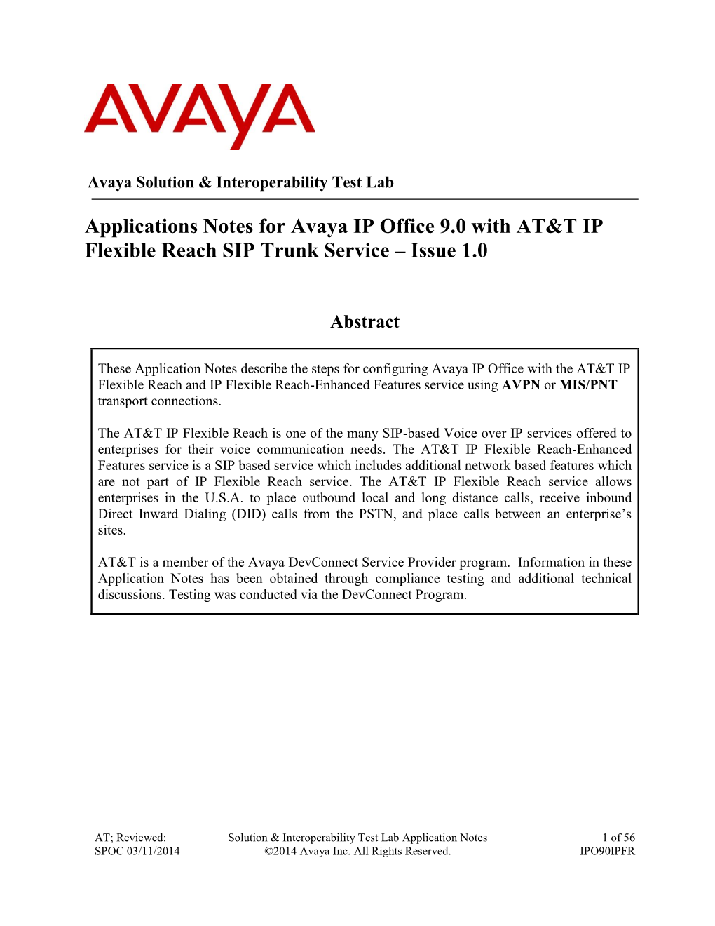 Applications Notes for Avaya IP Office 9.0 with AT&T