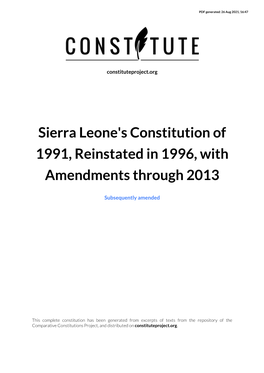 Sierra Leone's Constitution of 1991, Reinstated in 1996, with Amendments Through 2013