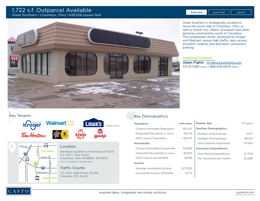 1,722 S.F. Outparcel Available Great Southern | Columbus, Ohio | 439,528 Square Feet