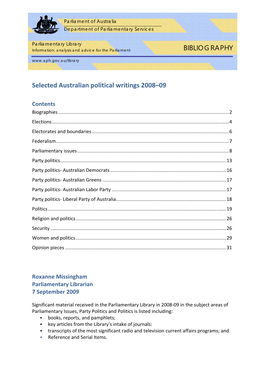 Selected Australian Political Writings 2008–09