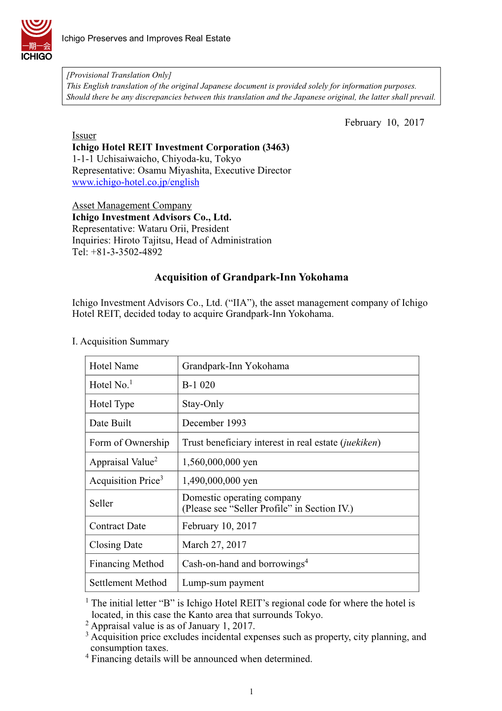 Acquisition of Grandpark-Inn Yokohama