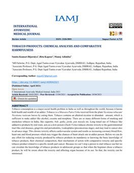 Tobacco Products: Chemical Analysis and Comparative Harmfulness