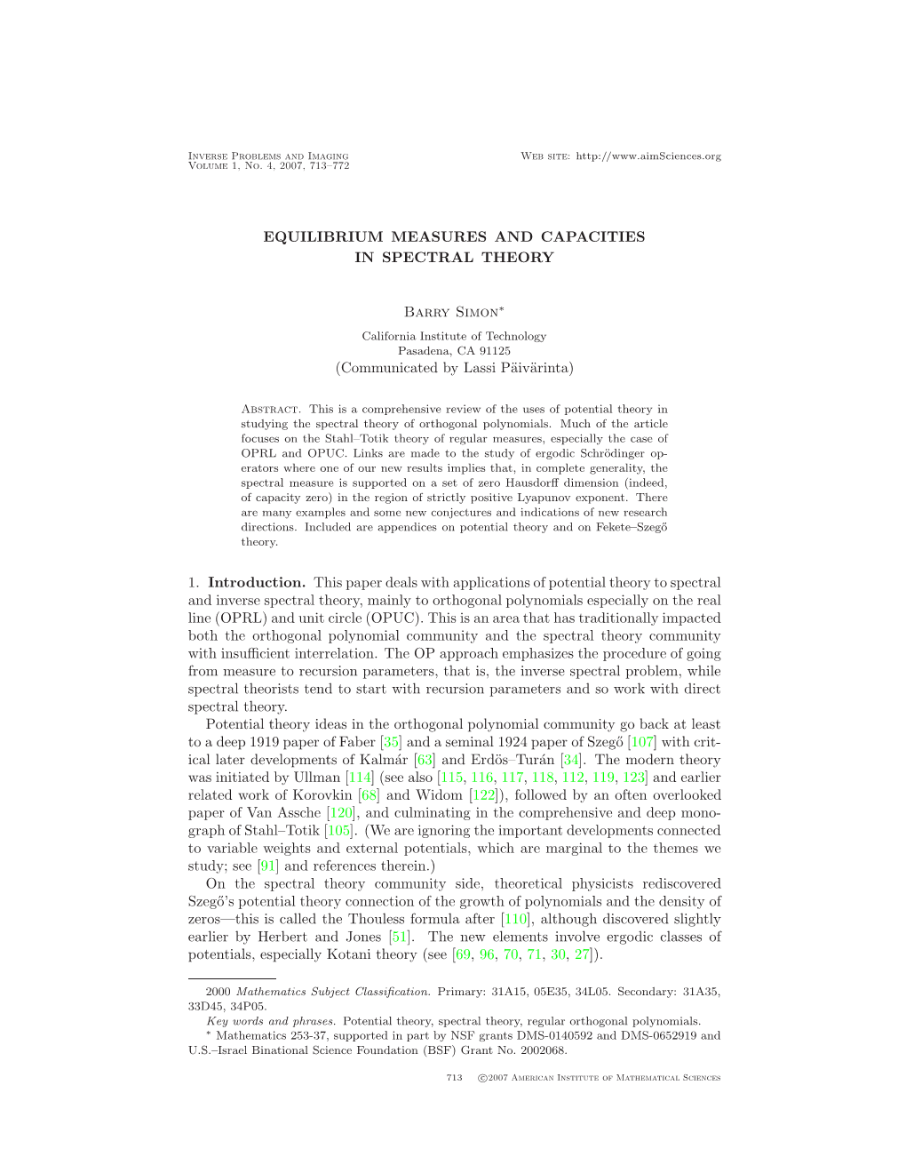 Equilibrium Measures and Capacities in Spectral Theory