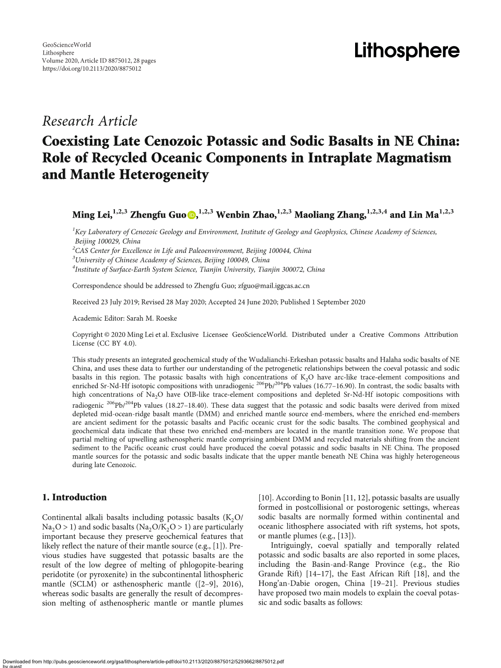 Research Article Coexisting Late Cenozoic Potassic and Sodic Basalts in NE China: Role of Recycled Oceanic Components in Intraplate Magmatism and Mantle Heterogeneity