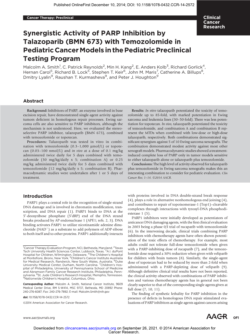 Synergistic Activity of PARP Inhibition by Talazoparib (BMN 673) with Temozolomide in Pediatric Cancer Models in the Pediatric Preclinical Testing Program Malcolm A