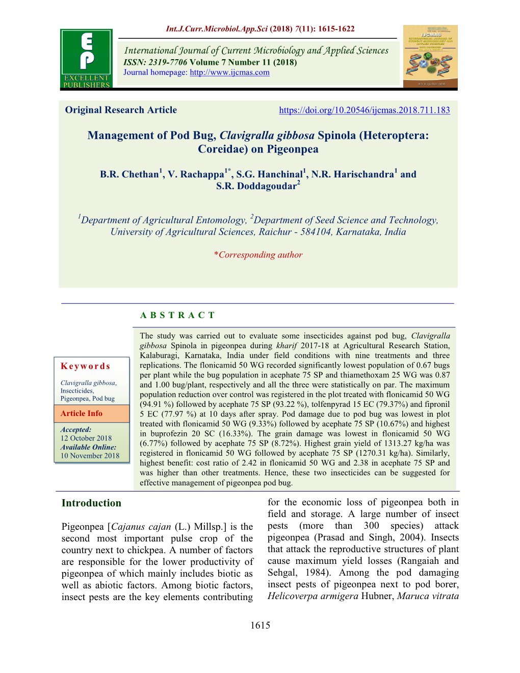 Management of Pod Bug, Clavigralla Gibbosa Spinola (Heteroptera: Coreidae) on Pigeonpea