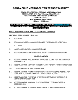 SCMTD Board of Directors Agenda of February 13, 2009