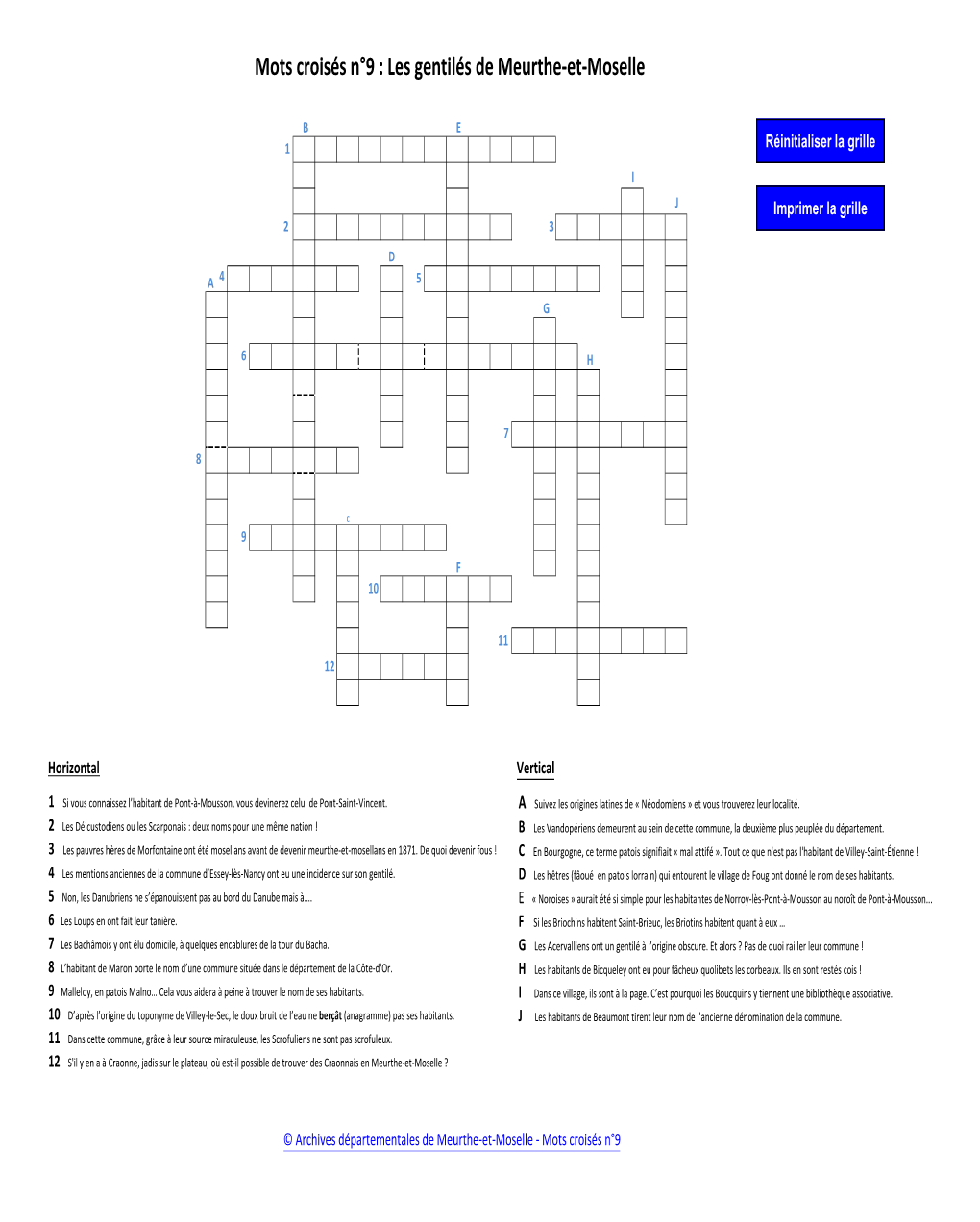 Mots Croisés N°9 : Les Gentilés De Meurthe-Et-Moselle